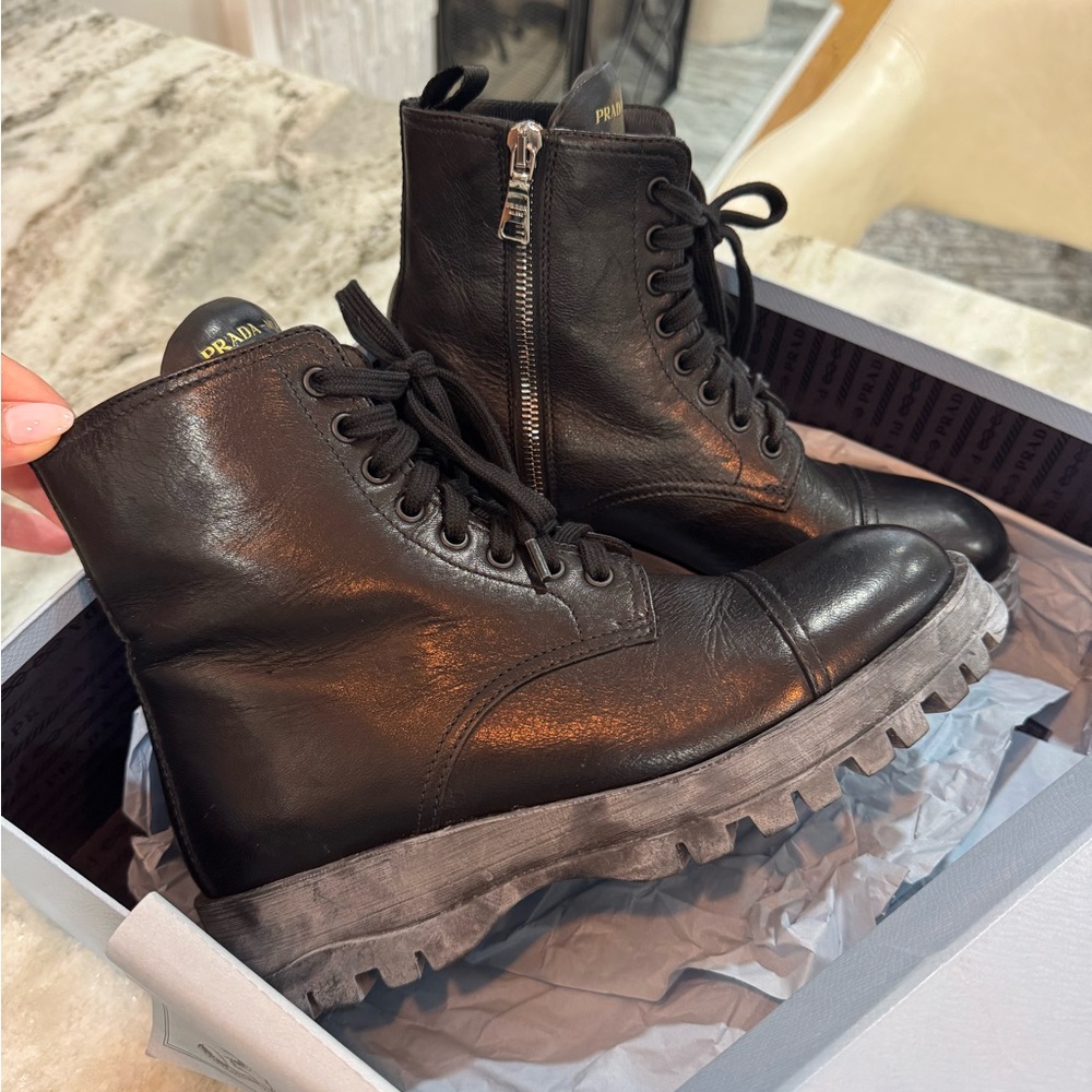 Prada Black Leather women Lace-Up Boots